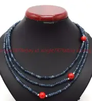 3 Rows 2x4mm Faceted Dark Blue Jade Red Coral Gemstone Beads Necklace 17.5-18.5"