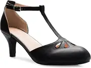 [Olivia K] Women's Kitten Low Heels T-Strap Pumps - Adorable Vintage Retro Shoes with T Strap - Unique Upper Cut Out Design