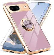 [Aitipy] for Google Pixel 8A Case with Screen Protector, Built-in 360 Rotation Ring Holder Magnetic Stand, Luxury Shiny Plating Edge Shockproof Electroplated Protective Phone Cover (Purple/Golden)
