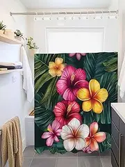 Clblhlolkuy Waterproof Shower Curtain for Bathroom, Plumeria Tropical Flower Pink Yellow Boho Hotel Fabric Soft Bath Curtain with Semi-Transparent Top Window & Hooks, 72"x72"