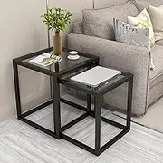 Square Side Table Set of 2, Coffee Table End Table with Smooth Tempered Glass Top, Sofa Table with Metal Frame Modern Nesting Tea Table Set for Living Room, Balcony, Bedroom, Apartment, Smal(Clear Gla