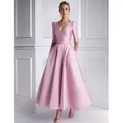 TS A-Line Wedding Guest Dress Cocktail Dresses Elegant Dress Formal Wedding Guest Tea Length Half Sleeve V Neck Satin with Pocket 2024