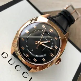 GUCCI GG2570 Medium 方型圓角 黑色錶盤 黑色皮革錶帶 石英 女士手錶 YA142407