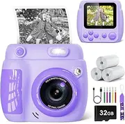 LETSHAHA Children's Instant Camera, 2.4 Inch Screen, Children's Camera, 32 GB Card, 3 Printing Papers, 5 Colour Pencils, with Fun Filter, Gift Children for 3-12 Years (Purple