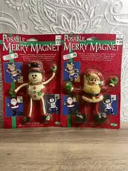 Vintage Posable Merry Magnet Santa Snowman Set Lot Fridge Note Holder Memo Fun