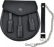 [SHYNE KILTS U.K] Scottish Black LEATHER Kilt SPORRAN and Belt 3 Tassels leather sporran