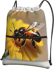 EdWal Honeybee And Flower Print Drawstring Backpack Gym Bags Sports Bags With Zipper Pocket For Travel Beach, Black, One Size