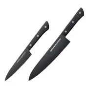 Samura SHADOW Set of 2 Kitchen Knives: Chef's Knife Utility Knife with Black Non Stick Coating