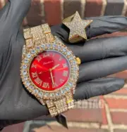 HIP HOP ICED GOLD PT LAB DIAMOND RED DIAL LUXURY STATEMENT WATCH, STAR RING SET