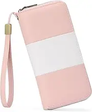 [GOIACII] Purses for Women, Large Capacity RFID Blocking Leather Ladies Purse with Detachable Wrist Strap, Women Zipper Card Wallet with Multiple Card Slots, Pink With White