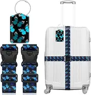 [Leehoom] Luggage Straps & Luggage Tags Set for Suitcases Travel Belt Accessories, Printed Suitcase Strap, Adjustable Luggage Belt Strap, Heavy Duty with Quick-Release Buckle - 3 Pieces, Blue Butterfly