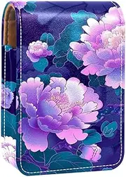 Travel Lipstick Organizer Case,Lipstick Case Portable Makeup Bag with Mirror,Purple Pink Flowers