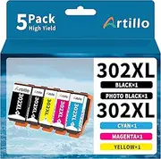 Artillo 302XL Remanufactured Ink Cartridges Replacement for Epson 302 Ink Cartridges Combo Pack 302 XL T302 T302XL for Expression Premium XP-6100 XP6100 XP6000 XP-6000 Printer (1BK,1PBK,1C,1M,1Y)