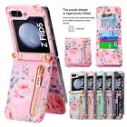 For Samsung Galaxy Z Flip 6 5 4 Flower Leather Crossbody Wallet Fold Case Strap