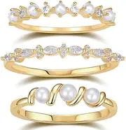 [Blossom & Hue] Pearl & Cubic Zirconia Stacking Rings | Set of 3 | Mini Pearl Crystal Stacking Ring Bundle | Half Eternity Stackable Minimalist Delicate Dainty Bridal