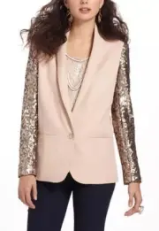 NEW Anthropologie ELEVENSES Glitzen Blazer Sz 6 Champagne Sequined Sleeves Glam