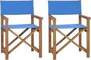 vidaXL 2X Solid Wood Teak Director's Chairs Outdoor Garden Backyard Terrace Balcony Seat Foldable Camping Wooden Seating Furniture Blue