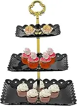 uxcell 2Pcs 3-Tier Cupcake Stand Holder, Plastic Square Tiered Serving Stand, Mini Cakes Fruit Candy Display Dessert Tower Tray for Tea Party, Wedding, Black