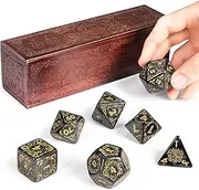 Titan Dice: Nyx | 25mm Giant Polyhedral Dice 7-Piece Set & Engraved Wooden Display Box | Smoke Color with Gold Numbers | Tabletop Roleplaying Fantasy RPG Gaming Novelty Accessories