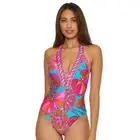 NEW Women’s Trina Turk Meilani Border Halter Plunge One Piece Swimsuit Size 12