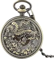[QRDYL] Pocket Watch,Vintage Exquisite Carving Phoenix Automatic Mechanical Pocket Watch Chain Women Watches Fashion Copper Hollow Clock