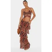 Brown Animal Printed Mesh Rara Maxi Skirt, Brown