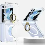 RUNGOS Magnetic Clear for Samsung Z Flip 6 Case Magsafe with Ring Stand [Hinge Protection] [360° Rotatable Ring Holder] [Mil-grade 4-Corner Airbag Reinforcement] Cover for Samsung Galaxy Z Flip 6 Case
