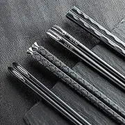 5 Pairs Alloy Stainless Steel Laser Engraving Japanese Chopsticks, Squared Edge Non-Slip Reusable Sushi Sticks Hashi Handmade Father's Day Gift