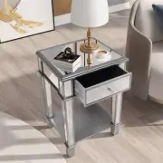 Full Mirrored Surface Side Table with Drawers Shelf Silver Nightstand End Table