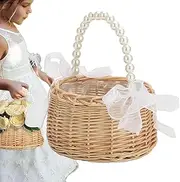 Wicker Flower Girl Basket | Pearl Handle Bowknot Flower Basket | Fairy Handwoven Easter Rattan Basket for Wedding Petal, Home Decor, Toys Sundries
