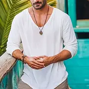 Men's Tee Top Linen-Like T-shirt Long Sleeve V Neck Summer Spring Plain Fashion Designer Basic Soft Plain Vacation Casual Casual Daily White Top Tee for Men