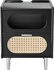 Exquisite Mid Century Nightstand with Rattan Drawer and Open Shelf Modern Bedside Table for Bedroom Hallway or Office Stylish Metal Handle Included