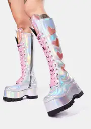 [Club Exx] Heart Attack Holographic Knee High Boots