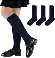 [Comfoex] Girls Knee High Socks Kids School Uniform Seamless Long Cotton Socks For Girls 4-11 Years Old 3 Pairs