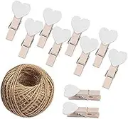 Heart Pegs 100 Pcs Mini Wooden Clothespins White Photo Paper Clips with 30 Meters