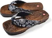 [Generic] Woman’s Japanese Traditional Clogs Geta Sandals,Wooden Slippers Sandals Summer Beach Footwear,Flip Flops Shoes Anti-Skid Floral Mules Slippers Wooden Geta (Color : Black, Size : EUR38)