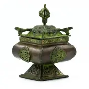 Antique Tibetan Incense Holders Brass Verdigris Tibetan Burner Four Symbols Squa