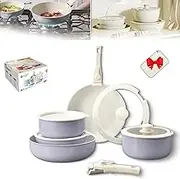 Gourmetific Ceramic Cookware Set, Gourmetific Cookware Set, 5/11/15 Piece Nonstick Maifan Cookwares Sets with Detachable Handle (Purple,15PCS)