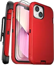 for iPhone 13/iPhone 14 Case 6.1", Military Grade 3 in 1 Heavy Duty Shockproof/Drop Proof Case with 2 PCS Tempered Glass Screen Protector, includes Holster Clip Kickstand (Red Black)
