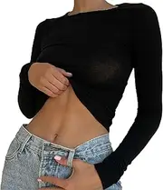 [Zylphorix] Women Sexy Open Back Long Sleeve T-Shirt Casual Slim Backless Pullover Top Loose Fit Round Neck Cotton Basic Tee