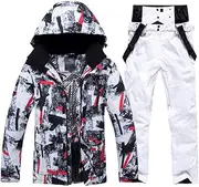 [ZSCAL] Men's Winter Outdoor Ski Suit, Warm Thickening Hooded Fashion Strip Pattern Printing Ski Jackets and Pants for Men, Waterproof Windproof Sports Coat, for Skiing Sports, Climbing (Color : A, Size : L