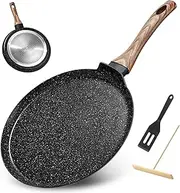 JNNQI Non-Stick Crepe Pan 28 cm (11 Inch), PFOA-Free Non-Toxic Coating, Gas/Electric/Induction Stovetop Compatible, Includes Silicone Spatula and Wooden Crepe Spreader Tool