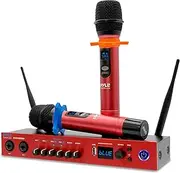 Pyle UHF 2 Channel Wireless Handheld Microphone System, 2 Bluetooth Mics, Portable Digital Audio Mixer Receiver Set, Adjustable Echo, Tone and Volume, Ideal for Karaoke and DJ Sound (Red)
