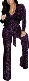 [JTNFairy] Sexy Sequin Jumpsuits for Women Plus Size Elegant Clubwear Sparkly High Waisted Wide Leg Pant, Purple