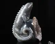 5.9" Agate Amethyst Geode Hand Carved Crystal Lizard Sculpture, Crystal Healing
