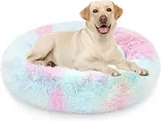 USOR Calming Dog Bed for Large Dogs, Anti-Anxiety Donut Dog Cuddler Bed, Disassemble and Washable 100 cm Extra Large Pet Bed, Warming Cozy Soft Dog Bed, Fluffy Faux Fur Plush Dog Cushion Bed Rainbow
