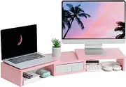 TEAMIX Pink Dual Monitor Stand Riser with Drawer - Length and Angle Adjustable Double Corner Desk Shelf Organizer 37 inch for 2 Laptop/PC/Screen/TV