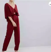ASOS DESIGN Tall Jumpsuit with Kimono Sleeve and Peg Leg in Wine Red Size 10 NEW