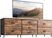 Huuger Dresser with 7 Drawers, 63 Inch Dresser TV Stand for 55, 60, 70 Inch TV, Long Fabric Dresser Chest of Drawers, Metal Frame, Storage Dresser for Bedroom, Nursery, Clothing, Rustic Brown
