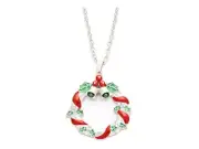 Silvertone Enamel Christmas Wreath Pendant Necklace ~ Gift Idea!